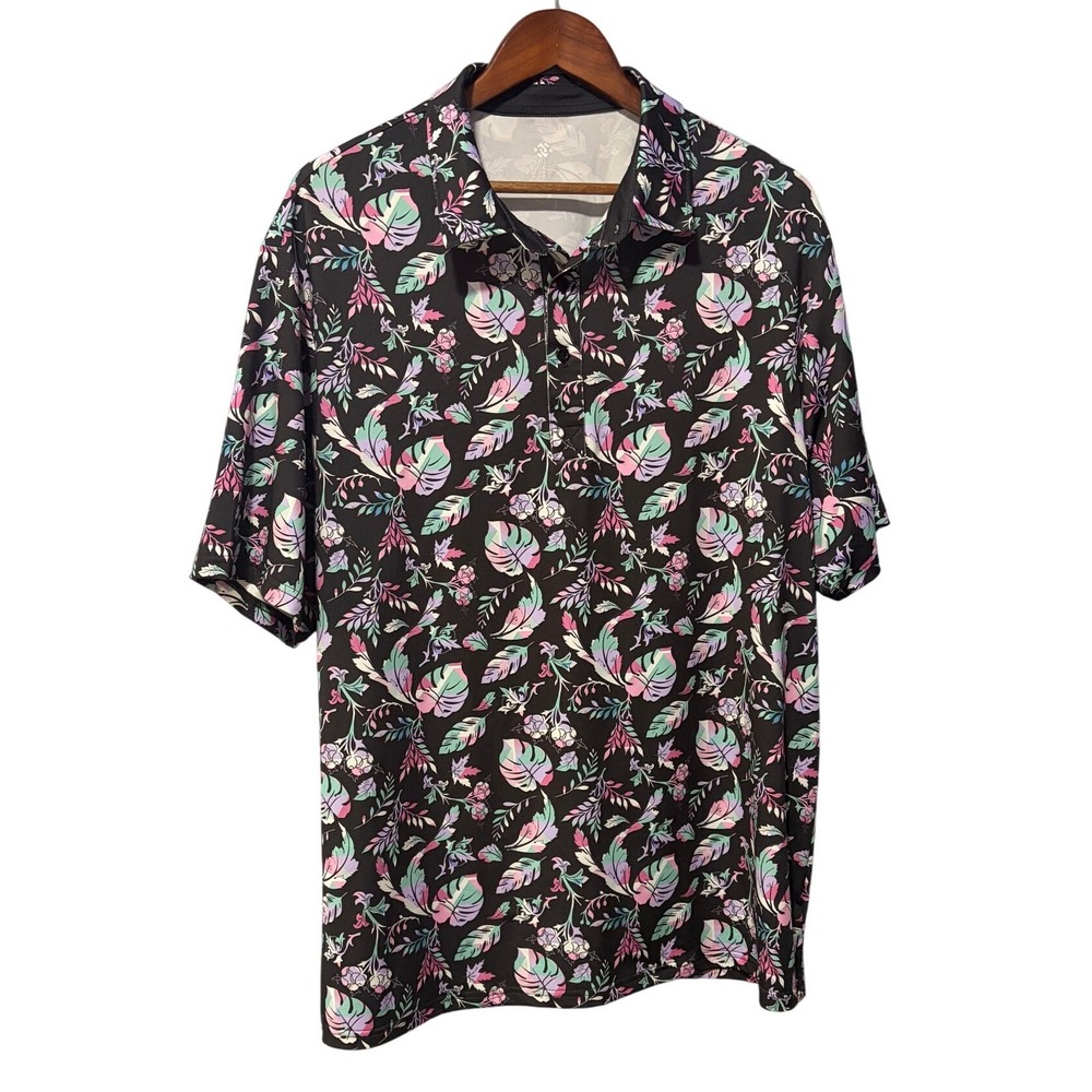 MoFiz Mens XL Tropical Monstera Leaf Print Performance Golf Polo Shirt Black